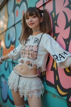 (Cute, kawaii theme: 1.5) (A 20-year-old Japanese super idol with a very slim figure, very flat chest, and very small breasts is wearing a Harajuku kawaii punk outfit and posing in front of cute, pop street graffiti.) (Photographed with a Canon EOS R5, 50mm lens, f/2.8 aperture) 
(Long, high twin tails: 1.4) (Hime cut with bangs:  1.4)(
(The top is a super short cropped long sleeve T-shirt with a Harajuku kawaii punk design, so short that you can see her underboobs.:1.5)
(Harness with studs:1.5)
(Wide bracelet with studs:1.3)(Choker with studs:1.3)
(The skirt is low-rise enough to show her lower abdomen, and is made of multiple layers of see-through organza fabric with jagged cuts to give it a voluminous look, making it a super micro mini skirt that looks like she's wearing pants.:1.5)
(Thigh-high socks with horizontal stripes:1.5)
(Platform Mary Jane shoes with belt straps:1.5)
(She is posing cutely with her arms spread out happily:1.5)
(Very happy smile:1.5) (Very flat chest:1.5) (Very small chest:1.5) (A cup chest:1.5) (Very skinny:  1.5)(High twin tails: 1.4)(Princess cut with bangs: 1.4)(Lower abdomen: 1.5)(Underbust peeking out from under the shirt: 1.8)(Hip bones: 1.5)

Best quality, highest quality, ultra high resolution, 8k, masterpiece UHD, unparalleled masterpiece, ultra realistic 8K, high resolution, vivid and dynamic, unparalleled, focus on her figure, highlight the subject, focus on her, innocent face, 20 years old, adult woman, alone, tangled skin, Japanese, thin, full body, natural smile, shiny skin, shiny skin, tangled skin, fine skin, ultra realistic, ultra realistic PHTO,