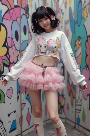 (Cute, kawaii theme: 1.5) (A 20-year-old Japanese super idol with a very slim figure, very flat chest, and very small breasts is wearing a Harajuku kawaii punk outfit and posing in front of cute pop street art.)

(The top is a super short crop long sleeve T-shirt with a Harajuku kawaii punk design, and the bottom of the shirt shows her underboob.:1.5)
(The skirt is low-rise enough to show her lower abdomen, and is made of multiple layers of see-through organza fabric in a frilly pattern, giving it a voluminous look, and it is a super micro mini skirt that looks like she is wearing pants.:1.5)
(Thigh-high socks with horizontal stripes:1.5)
(Platform Mary Jane shoes with belt straps:1.5)
(She is posing cutely with her arms spread out happily:1.5)
(Very happy smile:1.5) (Very flat chest:1.5) (Very small chest:1.5) (A cup chest:1.5) (Very  Thin: 1.5)(High twin tails: 1.4)(Princess cut with bangs: 1.4)(Pubic bone: 1.5)(Underbust peeking out from under the shirt: 1.8)(Hip bone: 1.5)

Best quality, highest quality, ultra high resolution, 8k, masterpiece UHD, unparalleled masterpiece, ultra realistic 8K, high resolution, vivid and dynamic, unparalleled, focus on her figure, highlight the subject, focus on her, innocent face, 20 years old, adult woman, alone, tangled skin, Japanese, thin, full body, natural smile, shiny skin, shiny skin, tangled skin, fine skin, ultra realistic, ultra realistic PHTO,