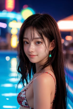 An attractive young woman with long flowing brown hair and straight bangs is hanging out in the vibrant neon-lit night pool of a water park. She is wearing a Kakaco ultra-high cut micro bikini that contrasts beautifully with the blue and red neon glow around her. Blurred neon lights in the background create a colorful and dynamic night pool atmosphere. The soft neon lights cast a subtle and colorful glow on her face, enhancing her serene yet powerful expression. The photo was taken with a shallow depth of field, focusing on her face while leaving the background soft and blurred. The reflections of the neon lights add depth and layers to the scene, creating a visually striking image that combines the elegance and beauty of a night pool.  , 1 woman, solo, long hair, brown hair, (beauty and aesthetics: 1.2), stylish pose, dreamy expression, neon lights, vibrant colors, shallow depth of field, reflection, , contrasting colors, soft glow, dynamic scene, angelawhite, photo_b00ster
