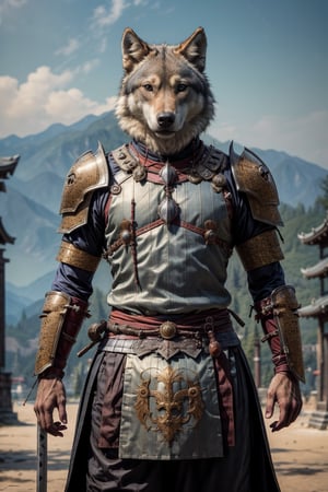 An ancient anthropomorphic wolf samurai using an ancient samurai armor, photography, beautiful, bokeh temple background, colorful, masterpieces, top quality, best quality, official art, beautiful and aesthetic, realistic