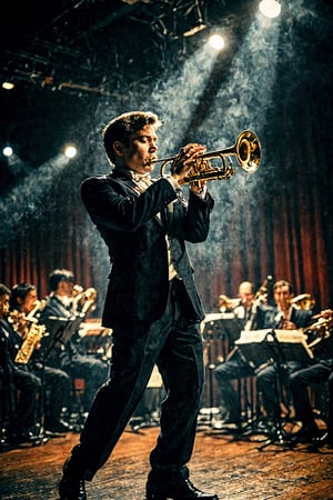 (Details of the action scene from the winning work) (A world-famous trumpet player who plays in an orchestra. In the shadows of the glamorous world, he practices his trumpet.)
He is holding and playing the trumpet.