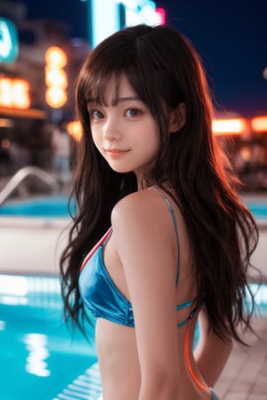 An attractive young woman with long flowing brown hair and straight bangs hangs out at a vibrant neon-lit night pool. She wears a Kakaco ultra-high cut micro bikini that contrasts beautifully with the blue and red neon glow around her. Blurred neon lights in the background create a colorful and dynamic night pool atmosphere. The soft neon lights cast a subtle and colorful glow on her face, enhancing her serene yet powerful expression. The photo was taken with a shallow depth of field, focusing on her face while leaving the background soft and blurred. The reflections of the neon lights add depth and layers to the scene, creating a visually striking image that combines the elegance and beauty of a night pool.  , 1 woman, solo, long hair, brown hair, (beauty and aesthetics: 1.2), stylish pose, dreamy expression, neon lights, vibrant colors, urban setting, shallow depth of field, reflection, , contrasting colors, soft glow, dynamic scene, angelawhite, photo_b00ster