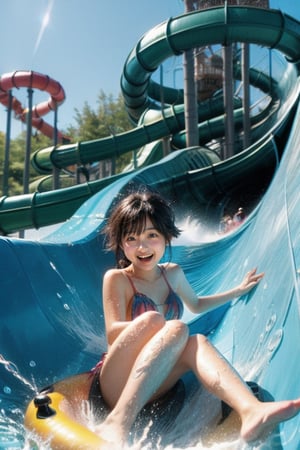 (A very beautiful 20-year-old Japanese woman in a micro bikini is having fun sliding down a water slide at a water park, splashing water all over her.) (Very long water slide: 1.5) (Sliding down the water slide: 1.3) (Large water splashing violently: 1.5) (Water flowing down the water slide) (Very short pixie cut hair: 1.4)

Best quality, Top Quality, Ultra High Resolution, 8k, Masterpiece UHD, Unparalleled Masterpiece, Ultra Realistic 8K, High resolution, Vivid and dynamic, Focus on her unparalleled figure, Make the subject stand out, Focus on Her, innocent face, 18 years old, adult female, one person, tanglistening skin, Japanese, Are thin, full body, natural smile,shiny skin, gloss skin, tanglistening skin, detailed skin,Super realistic,Super realistic phpto, lazy river, trees, ((bare legs)), ((wet body)), ((splash)), ((sitting on colorful funny pattern innertube)), (((spiral waterslide))),(((from below)))