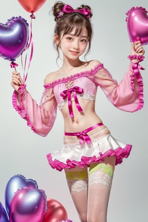 (A cute bedroom filled with heart-shaped balloons 1.5)(Lots of heart-shaped balloons: 1.5)(Fluttering heart-shaped balloons: 1.5)

(Staring at the viewer: 1.3)(Random dynamic angles)

(Standing: 1.3)

BREAK (pink, white, kawaii theme: 1.5), (nsfw: 1.2)(light brown hair: 1.4)(twin buns: 1.4)(perfect hands: 1.3)(off-the-shoulder bell sleeve or puff sleeve super micro crop shirt with frills and bow ribbon decoration: 1.5)(frill decoration: 1.4)(ribbon bow decoration: 1.4)(underbust spilling out from the bottom of the shirt: 1.8)(super  Low-rise ultra-micro mini tight skirt: 1.5) (Ultra-low-rise: 1.4) (White lace thigh-high socks: 1.3) (Platform boots: 1.3) (Belly button) (Lower abdomen: 1.3) (Lower breast: 1.8) (Big, lively, randomly cute poses with panty shots from the hem: 1.6) (Hip bones,: 1.3) (Panty shot: 1.2) (Organza fabric see-through ultra-micro panties: 1.2) (Camellia: 1.2) Shot using a high-end professional camera with a wide-angle lens.
Highest quality, highest quality, ultra-high quality resolution, 8k, masterpiece UHD, unparalleled masterpiece, ultra-realistic 8K, high resolution, focus on her unparalleled figure, highlight the subject, focus on her, adult woman, alone, glowing skin, Japanese, slim, full body, natural smile, glowing skin, shiny skin, glowing skin, detailed skin, ultra-realistic, ultra-realistic phpto,