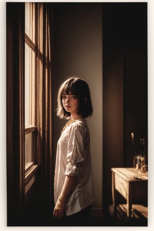 candid,nsfw,1girl, solo,Indoor, black hair, Completely naked, unbuttoned and open in the front, oversized formal shirt, covered, holding, jewelry,, necklace, watermark, chair, glowing effect , low_light golden shade background ,Backlit
Completely naked wearing only an oversized formal shirt,Dark eyes, straight long black hair, thick bangs, side shot,Japanese,18-year-old,

peaceful and sereneambiance,sense of depth,long shot,mutedcolors,polaroid photo,filmgrain,bokeh,1 girl,NoirStyle,