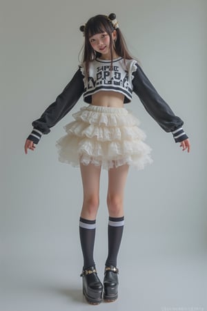 (Cute, kawaii theme: 1.5) (A 20-year-old Japanese super idol with a very slim figure, very flat chest, and very small breasts is posing in a Harajuku kawaii punk outfit.)

(The top is a super short crop long sleeve T-shirt with a Harajuku kawaii punk design, and the bottom of her breasts are visible.:1.5)
(The skirt is low-rise enough to expose her lower abdomen, and is made of multiple layers of see-through organza fabric in a ruffled pattern, giving it a voluminous feel, making it a super micro mini skirt that is so thin you can almost see her pants.:1.5)
(Thigh-high socks with horizontal stripes:1.5)
(Platform-soled Mary Jane shoes with belt straps:1.5)
(She is posing cutely with her arms spread out happily:1.5)
(Very happy smile:1.5) (Very flat chest:1.5) (Very small chest:1.5) (A cup chest:1.5) (Very skinny:  1.5)(High twin tails: 1.4)(Princess cut with bangs: 1.4)(Pubic bone: 1.5)(Underbust peeking out from under the shirt: 1.8)(Hip bone: 1.5)

Best quality, highest quality, ultra high resolution, 8k, masterpiece UHD, unparalleled masterpiece, ultra realistic 8K, high resolution, vivid and dynamic, unparalleled, focus on her figure, highlight the subject, focus on her, innocent face, 20 years old, adult woman, alone, tangled skin, Japanese, thin, full body, natural smile, shiny skin, shiny skin, tangled skin, fine skin, ultra realistic, ultra realistic PHTO,