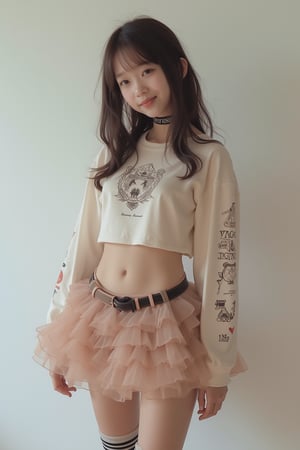 (Cute, kawaii theme: 1.5) (A 20-year-old Japanese super idol with a very slim figure, very flat chest, and very small breasts is posing in a Harajuku kawaii punk outfit.)

(The top is a super short crop long sleeve T-shirt with a Harajuku kawaii punk design, and the bottom of her breasts are visible.:1.5)
(The skirt is low-rise enough to expose her lower abdomen, and is made of multiple layers of see-through organza fabric in a ruffled pattern, giving it a voluminous feel, making it a super micro mini skirt that is so thin you can almost see her pants.:1.5)
(Thigh-high socks with horizontal stripes:1.5)
(Platform-soled Mary Jane shoes with belt straps:1.5)
(She is posing cutely with her arms spread out happily:1.5)
(Very happy smile:1.5) (Very flat chest:1.5) (Very small chest:1.5) (A cup chest:1.5) (Very skinny:  1.5)(High twin tails: 1.4)(Princess cut with bangs: 1.4)(Pubic bone: 1.5)(Underbust peeking out from under the shirt: 1.8)(Hip bone: 1.5)

Best quality, highest quality, ultra high resolution, 8k, masterpiece UHD, unparalleled masterpiece, ultra realistic 8K, high resolution, vivid and dynamic, unparalleled, focus on her figure, highlight the subject, focus on her, innocent face, 20 years old, adult woman, alone, tangled skin, Japanese, thin, full body, natural smile, shiny skin, shiny skin, tangled skin, fine skin, ultra realistic, ultra realistic PHTO,