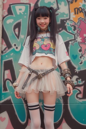 (Cute, kawaii theme: 1.5) (A 20-year-old Japanese super idol with a very slim figure, very flat chest, and very small breasts is wearing a Harajuku kawaii punk outfit and posing in front of cute, pop street graffiti.) (Photographed with a Canon EOS R5, 50mm lens, f/2.8 aperture) 
(Long, high twin tails: 1.4) (Hime cut with bangs:  1.4)(
(The top is a super short cropped long sleeve T-shirt with a Harajuku kawaii punk design, so short that you can see her underboobs.:1.5)
(Harness with studs:1.5)
(Wide bracelet with studs:1.3)(Choker with studs:1.3)
(The skirt is low-rise enough to show her lower abdomen, and is made of multiple layers of see-through organza fabric with jagged cuts to give it a voluminous look, making it a super micro mini skirt that looks like she's wearing pants.:1.5)
(Thigh-high socks with horizontal stripes:1.5)
(Platform Mary Jane shoes with belt straps:1.5)
(She is posing cutely with her arms spread out happily:1.5)
(Very happy smile:1.5) (Very flat chest:1.5) (Very small chest:1.5) (A cup chest:1.5) (Very skinny:  1.5)(High twin tails: 1.4)(Princess cut with bangs: 1.4)(Lower abdomen: 1.5)(Underbust peeking out from under the shirt: 1.8)(Hip bones: 1.5)

Best quality, highest quality, ultra high resolution, 8k, masterpiece UHD, unparalleled masterpiece, ultra realistic 8K, high resolution, vivid and dynamic, unparalleled, focus on her figure, highlight the subject, focus on her, innocent face, 20 years old, adult woman, alone, tangled skin, Japanese, thin, full body, natural smile, shiny skin, shiny skin, tangled skin, fine skin, ultra realistic, ultra realistic PHTO,