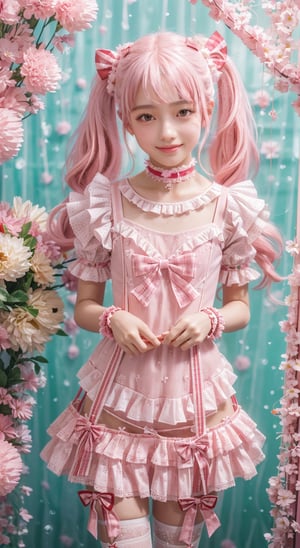 (Cute pink, white and red theme: 1.4)
1girl, solo, long hair, breasts, looking at viewer, smile, blue eyes, hair ornament, thighhighs, dress, bow, ribbon, twintails, (pink hair), flower, frills, choker, puffy sleeves, wrist cuffs, garter straps, fishnets, fishnet thighhighs、20-year-old,Standing(Frills:1.3)(ribbon:1.3)(bow:1.3)