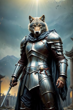 An ancient anthropomorphic wolf knight dressed in ancient knight light armor is ready to defeat his enemies. His fighting appearance is brave and godlike. Photo, beautiful, blurred temple background, colorful, masterpiece, best quality, best quality, official art, beautiful and aesthetic, realistic