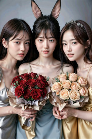 (Multiple super cute slender Japanese girls huddled together holding bouquets looking at the viewer,)High cut Playboy bunny outfits, random hair, different hair ornaments, different accessories, different female focus, makeup, parody, (6+ girls), realistic, different faces, different hair colors, different eye colors, different ages, (different breast sizes,)All slender, skinny, Playboy bunnies, (holding very large wrapped bouquets)