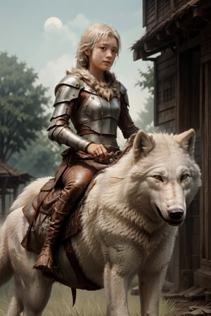 masterpiece, {{{best quality}}}, realistic, {{highly detailed photo}}, unity 8k, vivid light, cinematic lighting, long focus, cute and attractive, sexy body, shiny skin, girl, Ghibli anime, female knight in light armor, Princess Mononoke, ((riding) a huge, growling, very large, white ((wolf)):1.5), short brown hair: 1.5, 1 girl,, 1 girl