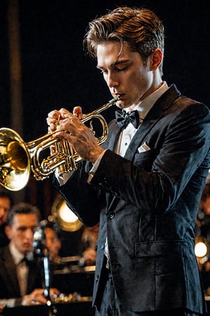 (Details of the action scene from the winning work) (A world-famous trumpet player who plays in an orchestra. In the shadows of the glamorous world, he practices his trumpet.)
He is holding and playing the trumpet.

best quality, best quality, ultra high resolution, 8k, masterpiece UHD, unparalleled masterpiece, ultra realistic 8K, high resolution, vivid and dynamic, unparalleled figure focus, highlight the subject, focus on the subject,, 18 years old, alone, thin, full body, serious face, glowing skin, shiny skin, detailed skin, ultra realistic, ultra realistic phpto, one boy or girl