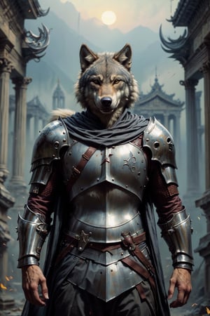 Ancient anthropomorphic wolf knight Werewolf wearing ancient knight armor, photo, beautiful, blurred temple background, colorful, masterpiece, best quality, best quality, official art, beautiful and aesthetic, realistic