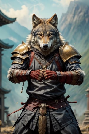 An ancient anthropomorphic wolf samurai dressed in ancient samurai armor, ready to defeat his enemies. His fighting form is brave and godlike. Photo, beautiful, blurred temple background, colorful, masterpiece, best quality, best quality, official art, beautiful and aesthetic, realistic
(Hairy hands like a wolf)