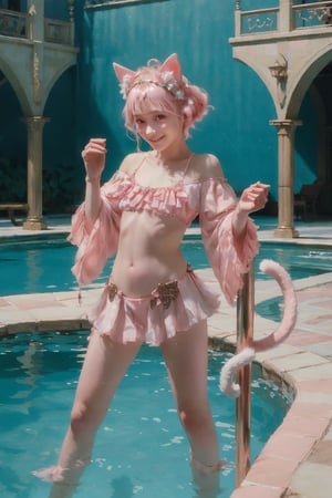 (A masterpiece movie with intense action),

(8K, raw photo, highest quality, masterpiece: 1.2), masterpiece, highest quality, incredible resolution, super detailed), realistic, vivid, realistic, masterpiece, highest quality, incredible resolution, super detailed), fantasy world like medieval Europe, RPG,　　　　　　　　(Very stylish pool at resort hotel: 1.4)

BREAK (Pink and white theme: 1.4), (Pink fake cat ears headdress: 1.4), (Pink off-shoulder micro bikini with frill decoration: 1.4) (Cat pose: 1.5) (Frills) (Bow ribbon on chest) (Standing: 1.3)