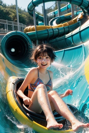 (A very beautiful 20-year-old Japanese woman in a micro bikini is having fun sliding down a water slide at a water park, splashing water all over her.) (Very long water slide: 1.5) (Sliding down the water slide: 1.3) (Large water splashing violently: 1.5) (Water flowing down the water slide) (Very short pixie cut hair: 1.4)

Best quality, Top Quality, Ultra High Resolution, 8k, Masterpiece UHD, Unparalleled Masterpiece, Ultra Realistic 8K, High resolution, Vivid and dynamic, Focus on her unparalleled figure, Make the subject stand out, Focus on Her, innocent face, 18 years old, adult female, one person, tanglistening skin, Japanese, Are thin, full body, natural smile,shiny skin, gloss skin, tanglistening skin, detailed skin,Super realistic,Super realistic phpto, lazy river, trees, ((bare legs)), ((wet body)), ((splash)), ((sitting on colorful funny pattern innertube)), (((spiral waterslide))),(((from below)))