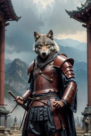 An ancient anthropomorphic wolf samurai dressed in ancient samurai armor, ready to defeat his enemies. His fighting form is brave and godlike. Photo, beautiful, blurred temple background, colorful, masterpiece, best quality, best quality, official art, beautiful and aesthetic, realistic