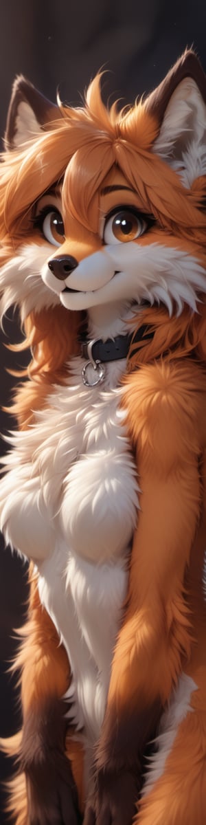 score_9, score_8_up, score_7_up, score_6_up, fox girl, orange_fur, brown eyes, winking, black collar, 
upper body, snaggletooth, naughty expression, Furry, fluffy,Monster,detailed,cute,detailed fur,body fur,tuft,MegaFluffyPony, furry, fluffy