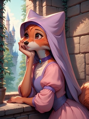 Score_9, score_8_up, score_7_up, score_6_up, score_5_up, MAID MARIAN, DISNEY, RETRO ARTSTYLE, anthro FEMALE FOX, eyelashes, detailed eyelashes, Detailed face, beautiful_eyes, detailed eyes, brown_eyes, Ultra HD, high-quality, high quality, best quality, wearing choker, wimple, pink dress, fully clothed, full_body. 
BREAK
Inside a castle, stone walls, sitting on windowsill, forest and castle in distance,  gazing thoughtfully outside, looking away, viewed from side, sad, longing expression, depressed, hand on cheek, resting chin on hand, elbow on windowsill, eyes rolling, sighing, lonely, lonesome, warm light, pastel colours.
BREAK
Score_PnyReal,flatee,v3rd,detailed fur,MegaFluffyPony, furry, fluffy