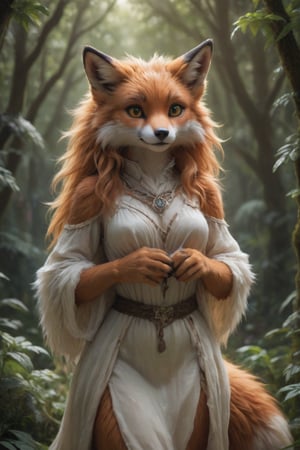 A lifelike foxgirl hybrid, radiant, alluring and graceful, stands in the midst of a serene forest grove. Her fluffy fur envelops a form adorned in a flowing nature-inspired tunic, eyes aglow with both whimsy and mischief. Subtle claws enhance her hands, while lush foliage frames her lithe form. anthro,Furry,Monster,detailed,cute, photorealistic,  hyper-realistic, 