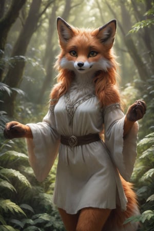 A lifelike foxgirl hybrid, radiant, alluring and graceful, stands in the midst of a serene forest grove. Her fluffy fur envelops a form adorned in a flowing nature-inspired tunic, eyes aglow with both whimsy and mischief. Subtle claws enhance her hands, while lush foliage frames her lithe form. anthro,Furry,Monster,detailed,cute, photorealistic,  hyper-realistic, 