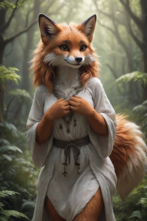 A lifelike foxgirl hybrid, radiant, alluring and graceful, stands in the midst of a serene forest grove. Her fluffy fur envelops a form adorned in a flowing nature-inspired tunic, eyes aglow with both whimsy and mischief. Subtle claws enhance her hands, while lush foliage frames her lithe form. anthro,Furry,Monster,detailed,cute, photorealistic,  hyper-realistic, 