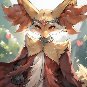 score_9, score_8_up, score_7_up, score_6_up, solo, 1girl, feral (delphox (pokemon)), feral pokemon, body fur, long fur, fluffystyle,flat_chested,fluff, detailed fur, cute, high detailed face, expressive, anime, hearts, outdoors close up, face shot, extreme close-up, foreshortening, zoom in, touching viewer, eyes rolling, pov hug, polki style, curious, kissing viewer, sniffing viewer, licking viewer, touching viewer, silver collar, (turquoise gold and pearl Boho headchain , Head Chain Jewelry), wearing sari, sash, elegant robes, cape, cloak, ornaments, braided fur, decorations, tiara, earrings, princess