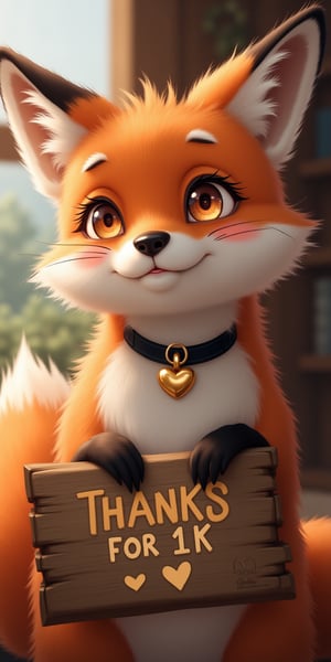 A delightful semi-realistic portrait of a demure anthro female fox gazing lovingly at the viewer. The close-up shot captures her shy, adorable face, featuring bright brown half-closed eyes and a blush on her cheeks. Her extremely fluffy fur is orange-hued, with a distinctive fluffy tuft on her chest. Whiskers frame her heart-shaped face as she gazes upwards with a shy expression, biting her lower lip and blushing deeply, betrsyong her amorous feelings and intent. She hugs a wood sign which reads "THANKS FOR 1K ♥️" in bold, brush-stroked letters. female anthro, furry female, female fox, cute, orange_fur, brown eyes, skinny, lithe, slender, thin, fluffy fur, blushing, fluffy chest tuft, whiskers, black choker with gold heart tag, detailed fur, blush, hearts, upper_body, close-up, face focus, headshot_portrait, indoors, wooden village, window, snaggletooth, shy, coy, demure, bedroom eyes, eyes rolling, loving, affectionate