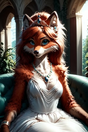 score_9, score_8_up, score_7_up, score_6_up, score_5_up,  (masterclass), (best quality), (ultra-detailed) , a semi-anthro female fox embodying the traits of concepts like (flirtatious, naughtiness, woman, sexy, gorgeous, seated, divan couch, avant-garde magnifique), tasteful clothing, fully clothed, elegant clothing, princess attire, beautiful dress, Furry,fluffy,Monster,cute,FluffyStyle,fur,detailed fur,body fur,tuft,MegaFluffyPony, furry, fluffy,  jewellry, bracelets, rings, necklace,  tiara