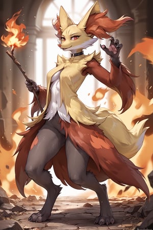 score_9, score_8_up, score_7_up, score_6_up, score_5_up,full body image, photorealism, photorealistic, solo female semi-feral delphox, She is in in a fiery battle. A spiral of fire in front of her. Her body is supple and graceful and her poses are elegant. Her handpaws have five fingers with claws, her footpaws have five toes with claws, (She has a very long and thin torso, she has very short digitigrade_legs:1.3), black choker, holding burning stick, fluffy, body fur,detailed fur,tuft,Furry,Monster,cute,delphoxpxl,source_anime,BREAK,action shot