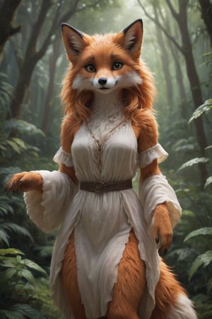 A lifelike foxgirl hybrid, radiant, alluring and graceful, stands in the midst of a serene forest grove. Her fluffy fur envelops a form adorned in a flowing nature-inspired tunic, eyes aglow with both whimsy and mischief. Subtle claws enhance her hands, while lush foliage frames her lithe form. anthro,Furry,Monster,detailed,cute, photorealistic,  hyper-realistic, 