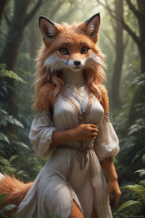 A lifelike foxgirl hybrid, radiant, alluring and graceful, stands in the midst of a serene forest grove. Her fluffy fur envelops a form adorned in a flowing nature-inspired tunic, eyes aglow with both whimsy and mischief. Subtle claws enhance her hands, while lush foliage frames her lithe form. anthro,Furry,Monster,detailed,cute, photorealistic,  hyper-realistic, 