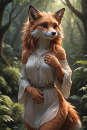 A lifelike foxgirl hybrid, radiant, alluring and graceful, stands in the midst of a serene forest grove. Her fluffy fur envelops a form adorned in a flowing nature-inspired tunic, eyes aglow with both whimsy and mischief. Subtle claws enhance her hands, while lush foliage frames her lithe form. anthro,Furry,Monster,detailed,cute, photorealistic,  hyper-realistic, perfect hands, perfect fingers