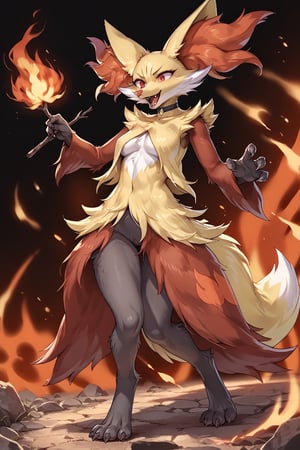 score_9, score_8_up, score_7_up, score_6_up, score_5_up, full body image, solo female semi-feral delphox, She is in in a fiery battle. A circle of fire in front of her. Her body is supple and graceful and her poses are elegant. Her handpaws have five fingers with claws, her footpaws have five toes with claws, (She has a very long and thin torso, she has very short digitigrade_legs:1.3), black choker, holding burning stick, fluffy, body fur,detailed fur,tuft,Furry,Monster,cute,delphoxpxl,source_anime,BREAK,action shot, fire magic, fire ring,fire spiral, red eyes, evil expression, laughing, insane, pyromaniac