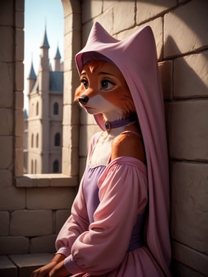 Score_9, score_8_up, score_7_up, score_6_up, score_5_up, MAID MARIAN, DISNEY, RETRO ARTSTYLE, anthro FEMALE FOX, eyelashes, detailed eyelashes, Detailed face, beautiful_eyes, detailed eyes, brown_eyes, Ultra HD, high-quality, high quality, best quality, wearing choker, wimple, pink dress, fully clothed, full_body. 
BREAK
Inside a castle, stone walls, sitting on windowsill, gazing thoughtfully outside, looking away, viewed from side, sad, longing expression, depressed, sighing, lonely, lonesome, poster of robin hood on wall.
BREAK
Score_PnyReal,flatee,v3rd,detailed fur,MegaFluffyPony, furry, fluffy