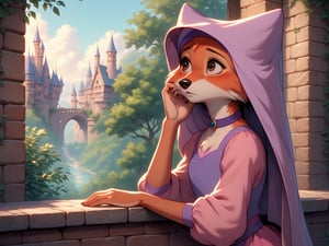 Score_9, score_8_up, score_7_up, score_6_up, score_5_up, MAID MARIAN, DISNEY, RETRO ARTSTYLE, anthro FEMALE FOX, eyelashes, detailed eyelashes, Detailed face, beautiful_eyes, detailed eyes, brown_eyes, Ultra HD, high-quality, high quality, best quality, wearing choker, wimple, pink dress, fully clothed, full_body. 
BREAK
Inside a castle, stone walls, sitting on windowsill, forest and castle in distance,  gazing thoughtfully outside, looking away, viewed from side, sad, longing expression, depressed, hand on cheek, resting chin on hand, elbow on windowsill, eyes rolling, sighing, lonely, lonesome, warm light, pastel colours.
BREAK
Score_PnyReal,flatee,v3rd,detailed fur,MegaFluffyPony, furry, fluffy