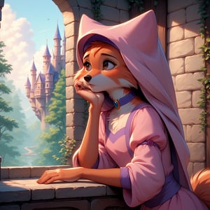 Score_9, score_8_up, score_7_up, score_6_up, score_5_up, MAID MARIAN, DISNEY, RETRO ARTSTYLE, anthro FEMALE FOX, eyelashes, detailed eyelashes, Detailed face, beautiful_eyes, detailed eyes, brown_eyes, Ultra HD, high-quality, high quality, best quality, wearing choker, wimple, pink dress, fully clothed, full_body. 
BREAK
Inside a castle, stone walls, sitting on windowsill, forest and castle in distance,  gazing thoughtfully outside, looking away, viewed from side, sad, longing expression, depressed, hand on cheek, resting chin on hand, elbow on windowsill, eyes rolling, sighing, lonely, lonesome, warm light, pastel colours.
BREAK
Score_PnyReal,flatee,v3rd,detailed fur,MegaFluffyPony, furry, fluffy