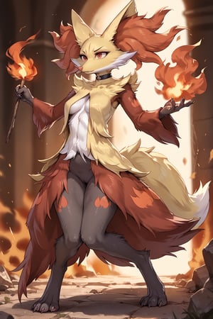 score_9, score_8_up, score_7_up, score_6_up, score_5_up,full body image, photorealism, photorealistic, solo female semi-feral delphox, She is in in a fiery battle. A spiral of fire in front of her. Her body is supple and graceful and her poses are elegant. Her handpaws have five fingers with claws, her footpaws have five toes with claws, (She has a very long and thin torso, she has very short digitigrade_legs:1.3), black choker, holding burning stick, fluffy, body fur,detailed fur,tuft,Furry,Monster,cute,delphoxpxl,source_anime,BREAK,action shot, fire magic, fire ring,fire spiral