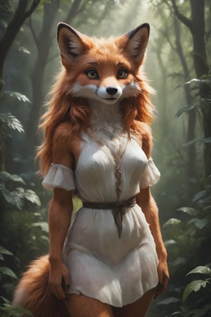 A lifelike foxgirl hybrid, radiant, alluring and graceful, stands in the midst of a serene forest grove. Her fluffy fur envelops a form adorned in a flowing nature-inspired tunic, eyes aglow with both whimsy and mischief. Subtle claws enhance her hands, while lush foliage frames her lithe form. anthro,Furry,Monster,detailed,cute, photorealistic,  hyper-realistic,RTX_FURRY_GIRL,f0x