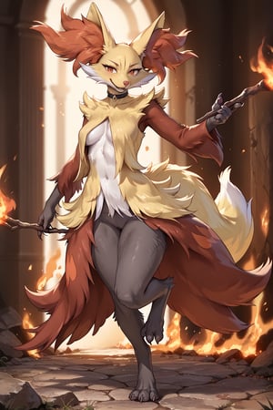 score_9, score_8_up, score_7_up, score_6_up, score_5_up,full body image, photorealism, photorealistic, solo female semi-feral delphox, She is in in a fiery battle. A spiral of fire in front of her. Her body is supple and graceful and her poses are elegant. Her handpaws have five fingers with claws, her footpaws have five toes with claws, (She has a very long and thin torso, she has very short digitigrade_legs:1.3), black choker, holding burning stick, fluffy, body fur,detailed fur,tuft,Furry,Monster,cute,delphoxpxl,source_anime,BREAK,action shot