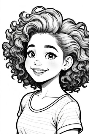 "Create a detailed, full color line drawing for a coloring book featuring an young latina girl. She has curly textured hair styled . Shes . Her expression is joyful, with a big, friendly  ., providing lots of opportunities for creative coloring." line drawing suitable for a coloring book: ,3D Render Style,Kanna Kamui,MinimalStyle,SFW,Jackie_wackerman, ,Lola loud,ukj,Coloring Book,real hands,ColoringBookAF,. full hands,,white background, white outline