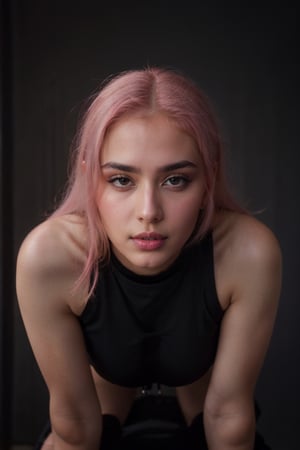 A 19-year-old Russian girl, pink hair, wearing a black crop and a black skirt, with big breasts, close-up face, Deepthroat