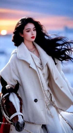 masutepiece, best quality, ultra-detailed, fine, high resolution, 8K wallpaper, perfect dynamic composition, natural color lips, (wearing European style, luxury necklace: 1.3), (long hair: 1.3), (drawing action: snow scene The girl wants to ride a brown horse), long hair blown by the wind, 20 years, cowboy_shot, bathing in the sunset, a horse,retro photography