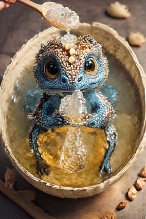 Dragon,baby dragon, inside a huge box of Bird's net Jar, ,swimming in Bowl of Bird's Nest Soup, Bird's Nest Jar, Bowl of Bird's Nest Soup, spoon, table