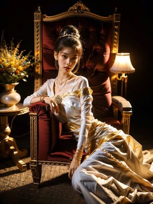 1girl, 25 year old, black cat, Sitting with Black Wood Royal Chair in Burmese Royal Palace, HOLDING A SWAR, white long hair, royal beauty, Black flowers, Black Confident, perfect Royal face Expression, Detail Fullbody BACK view, Amazing Perfect Beauty Face and Eye, Amazing Perfect Beauty big breasts, Beautiful perfect Fingers, Golden Decorative, a White cute cat,

MMTD BURMESE PATTERNED TRADITIONAL DRESS, DARK RED,
PEARL NECKLACES AND PEARL BRACELET,
BLACK SINGLE BUN HAIR WITH GOLD COLOR FLOWER, 

realistic, 4k, soft skin, detailed skin texture, Very Soft Beauty Lighting, Soft Light, Goldenratio, masterpeace, realistic skin and detail face texture, Beautiful Perfect lip,
,Sparkly dress