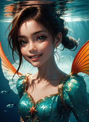 girl mermaid, masterpieces,orange fish eyes dancing , underwater graceful, viridian gradient fish scale body, perfect, realistic, symmetrical, beautiful smiling face, insanely detailed facial expression, hyper-realistic face close-up. background sunken city atlantis,sparkly dress