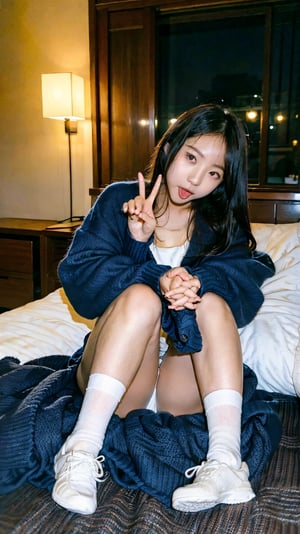 Asian sister sleeping on bed in bedroom at night, 18 years old, full body shot,  90's Japan, tanned dark skin: 1.3 , navy blue cardigan, white blouse, loose, large white baggy socks, miniskirt, (peace sign with both hands, ahegao face, eyes wide, tongue sticking out),gyaru make