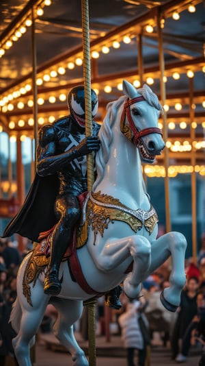 Venom riding a white horse on the merry-go-round in the amusement park, amusement park at night, lights twinkling, shining lights, fairy tale chic