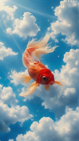 A red goldfish swimming in the blue sky and white clouds